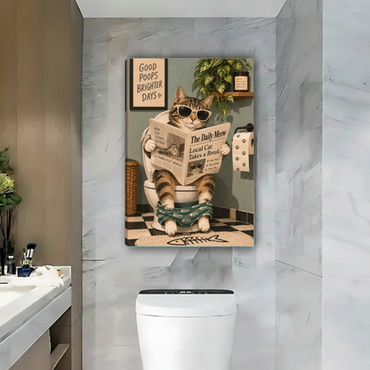 Funny Newspaper Bathroom Cat artwork as unframed canvas above a toilet on a marble wall.
