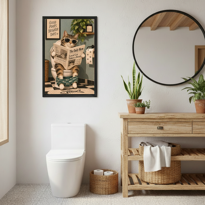 Funny Newspaper Bathroom Cat artwork in a black frame above a toilet beside a wooden vanity.