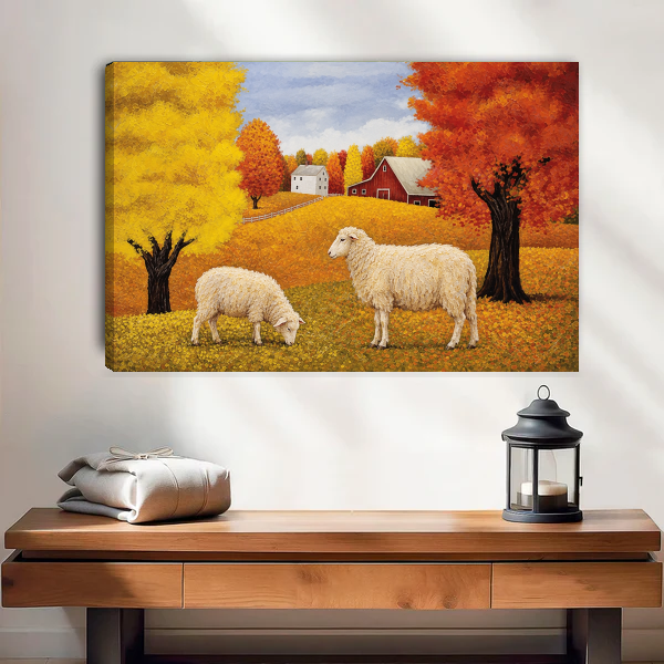 Golden Autumn Sheep Farm artwork as unframed canvas above a warm wooden table.