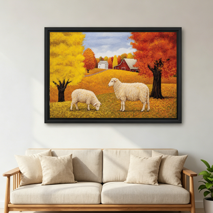 Golden Autumn Sheep Farm artwork in a black frame above a cream sofa with wooden arms.