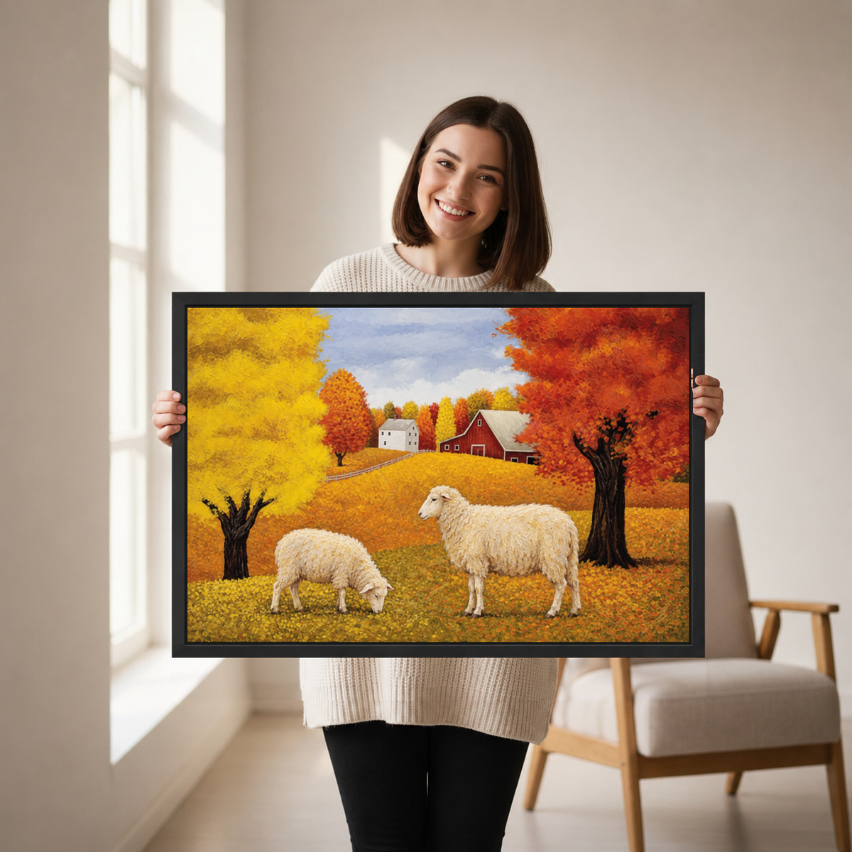 Golden Autumn Sheep Farm artwork held by a woman in a softly lit neutral living room.