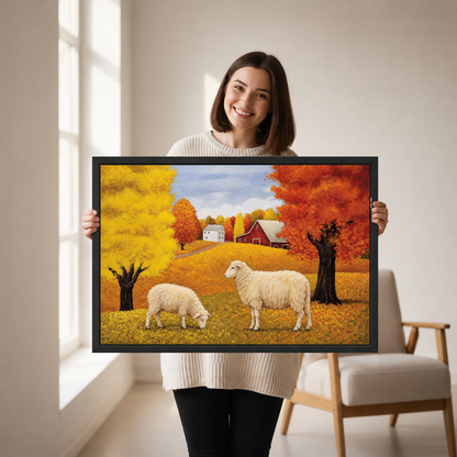 Golden Autumn Sheep Farm artwork held by a woman in a softly lit neutral living room.