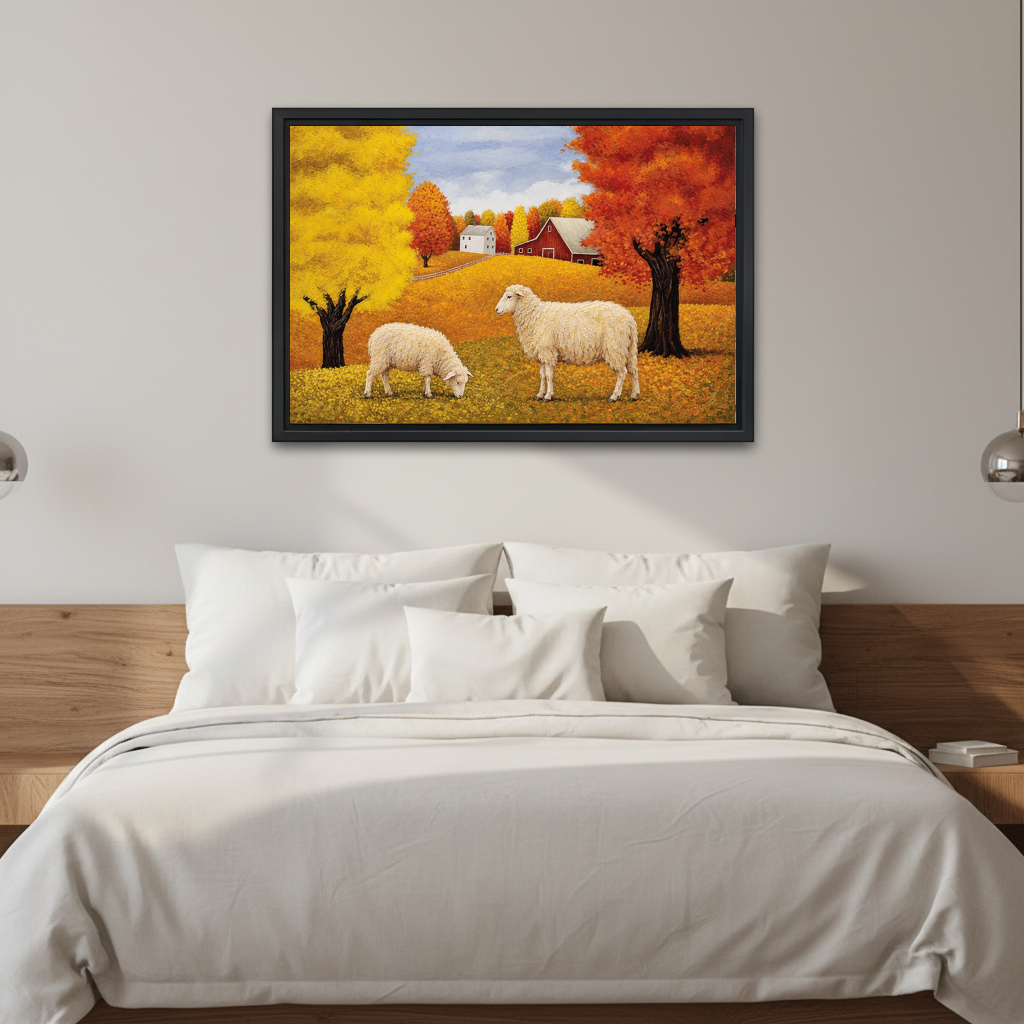 Golden Autumn Sheep Farm artwork in a black frame above a white bed in a calm bedroom.