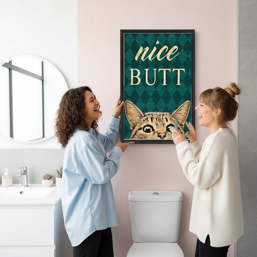 Nice Butt Bathroom Cat artwork held in a black frame by women in a bright bathroom.