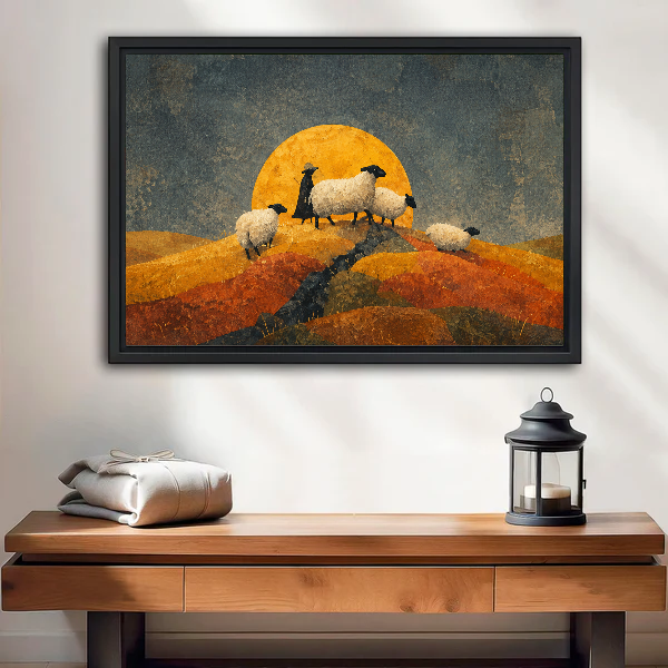 Golden Moon Sheep canvas wall art framed above a wooden table with a lantern and folded blankets.