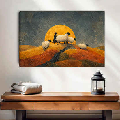 Golden Moon Sheep canvas wall art unframed above a wooden table with a lantern and folded blankets.