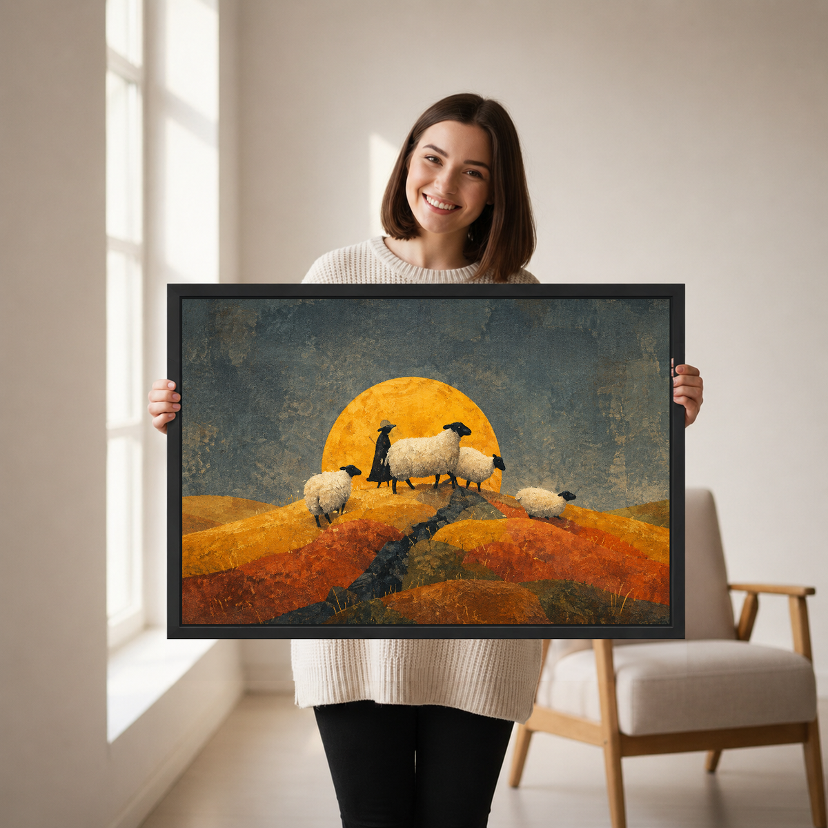 Golden Moon Sheep canvas wall art framed as a woman holds the artwork in a neutral room.