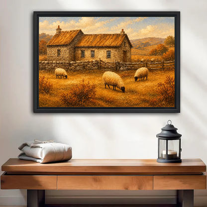 Golden Cottage Sheep canvas wall art framed above a wooden table with a lantern and folded blankets.