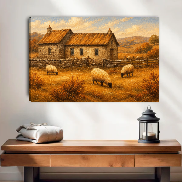 Golden Cottage Sheep canvas wall art unframed above a wooden table with a lantern and folded blankets.