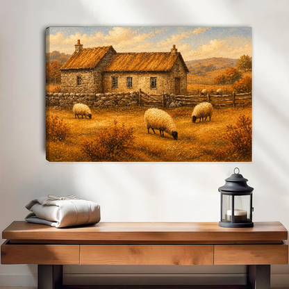 Golden Cottage Sheep canvas wall art unframed above a wooden table with a lantern and folded blankets.