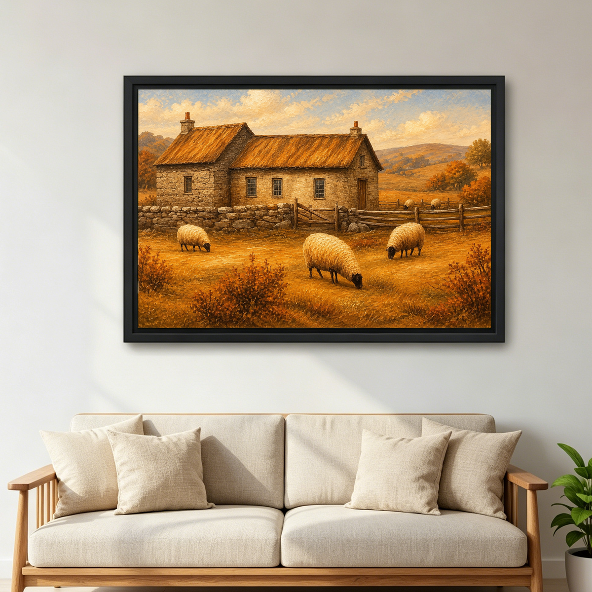 Golden Cottage Sheep canvas wall art framed above a cream sofa with wooden arms and a green plant.