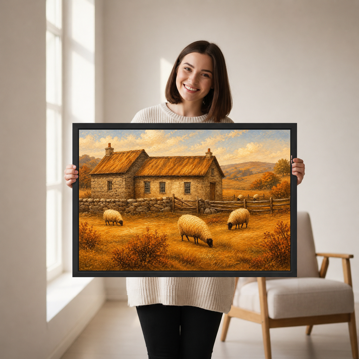 Golden Cottage Sheep canvas wall art framed as a woman holds the artwork in a neutral room.