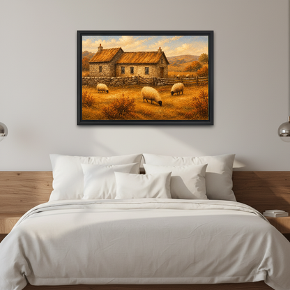Golden Cottage Sheep canvas wall art framed above a white bed against softly lit neutral walls.