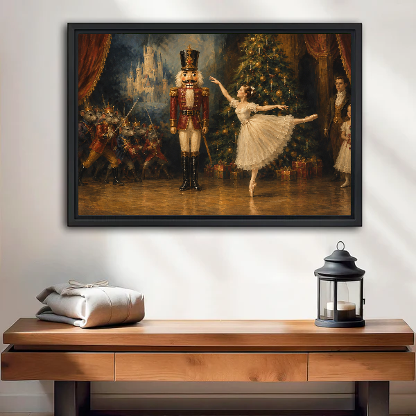 Nutcracker Ballet Christmas canvas wall art framed above a wooden table with a lantern and folded blankets.