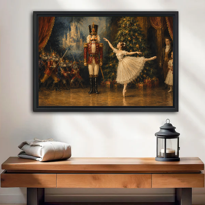 Nutcracker Ballet Christmas canvas wall art framed above a wooden table with a lantern and folded blankets.