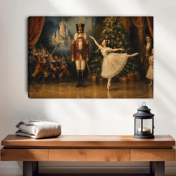 Nutcracker Ballet Christmas canvas wall art unframed above a wooden table with a lantern and folded blankets.