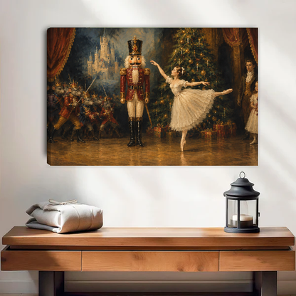 Nutcracker Ballet Christmas canvas wall art unframed above a wooden table with a lantern and folded blankets.