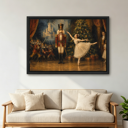Nutcracker Ballet Christmas canvas wall art framed above a cream sofa with wooden arms and a green plant.