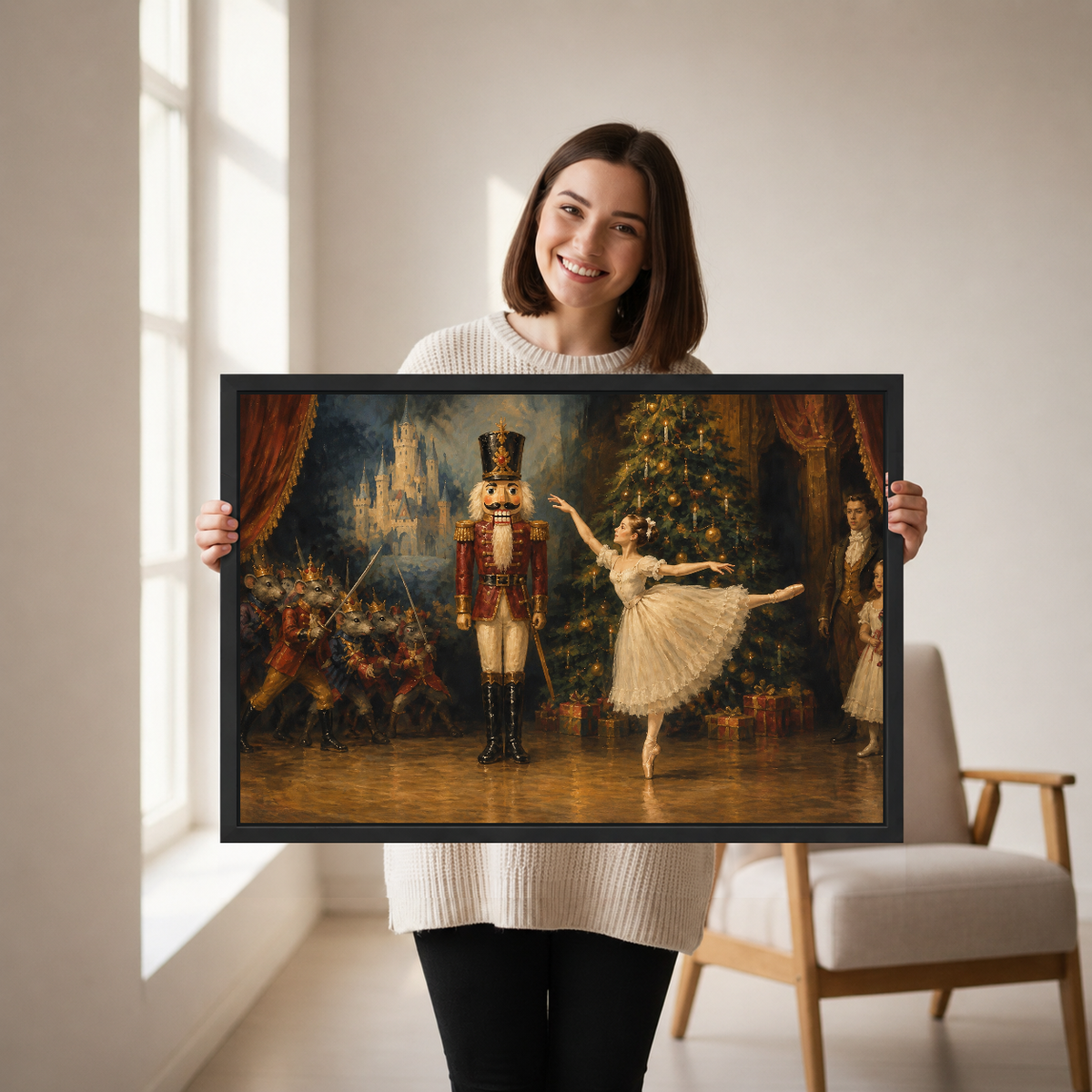 Nutcracker Ballet Christmas canvas wall art framed as a woman holds the artwork in a neutral room.