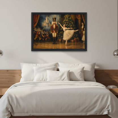 Nutcracker Ballet Christmas canvas wall art framed above a white bed against softly lit neutral walls.