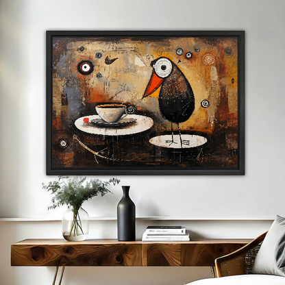 Funny Coffee Bird canvas wall art framed above a live-edge desk beside flowers and a dark vase.