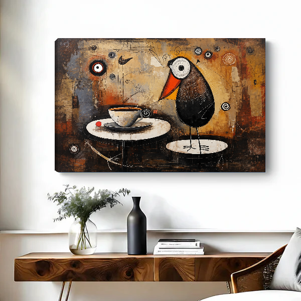 Funny Coffee Bird canvas wall art unframed above a live-edge desk beside flowers and a dark vase.
