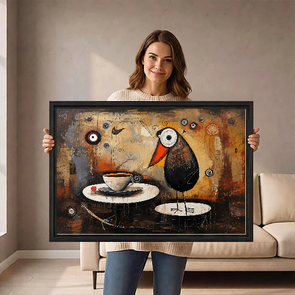 Funny Coffee Bird canvas wall art framed as a woman holds the artwork in a taupe room.