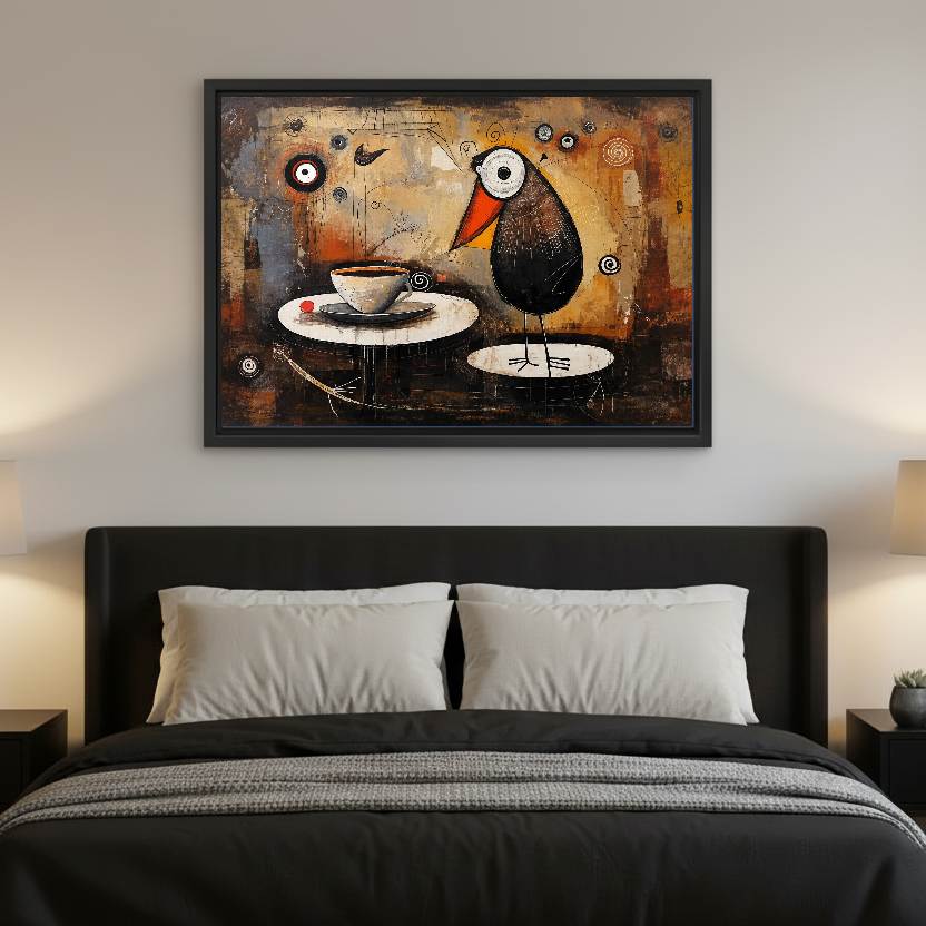 Funny Coffee Bird canvas wall art framed above a black upholstered bed with white and charcoal bedding.