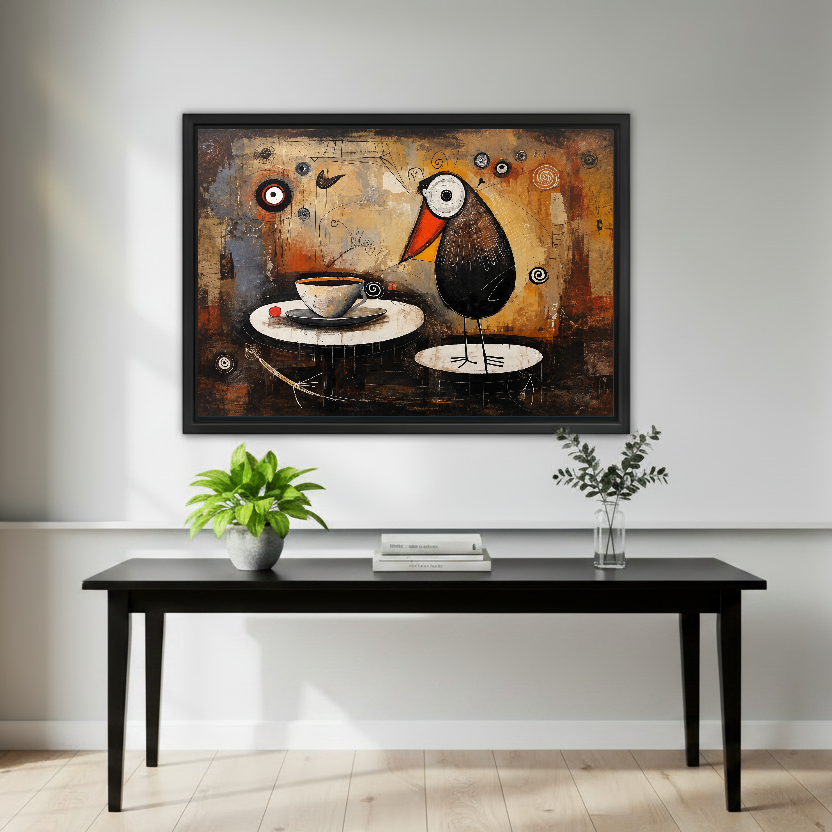 Funny Coffee Bird canvas wall art framed above a black console beside a green plant and vase.