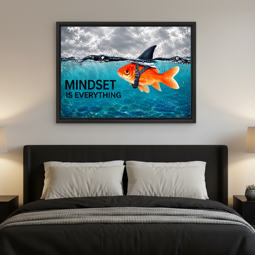 mindset goldfish shark canvas wall art framed above a black bed with white and charcoal bedding.