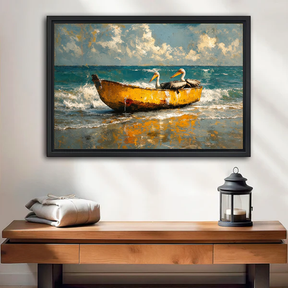 coastal pelican boat canvas wall art framed above a wooden table with lantern and folded blankets.