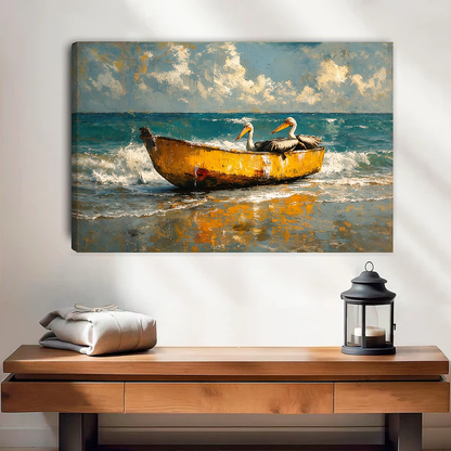 coastal pelican boat canvas wall art unframed above a wooden table with lantern and folded blankets.