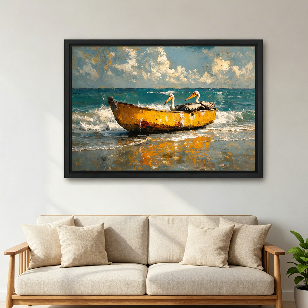 coastal pelican boat canvas wall art framed above a cream sofa with wooden arms and green plant.