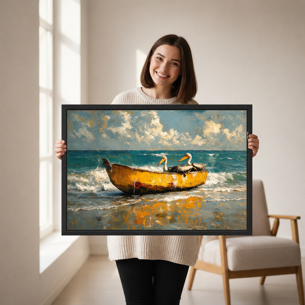 coastal pelican boat canvas wall art framed as a woman holds the artwork in a neutral room.