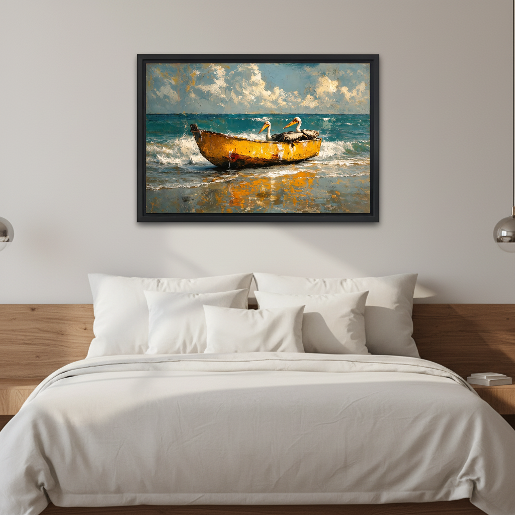 coastal pelican boat canvas wall art framed above a white bed against softly lit neutral walls.