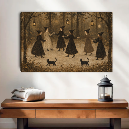 vintage dancing witches canvas wall art unframed above a wooden table with lantern and folded blankets.