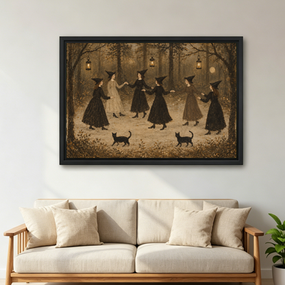 vintage dancing witches canvas wall art framed above a cream sofa with wooden arms and green plant.