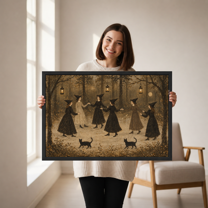 vintage dancing witches canvas wall art framed as a woman holds the artwork in a neutral room.