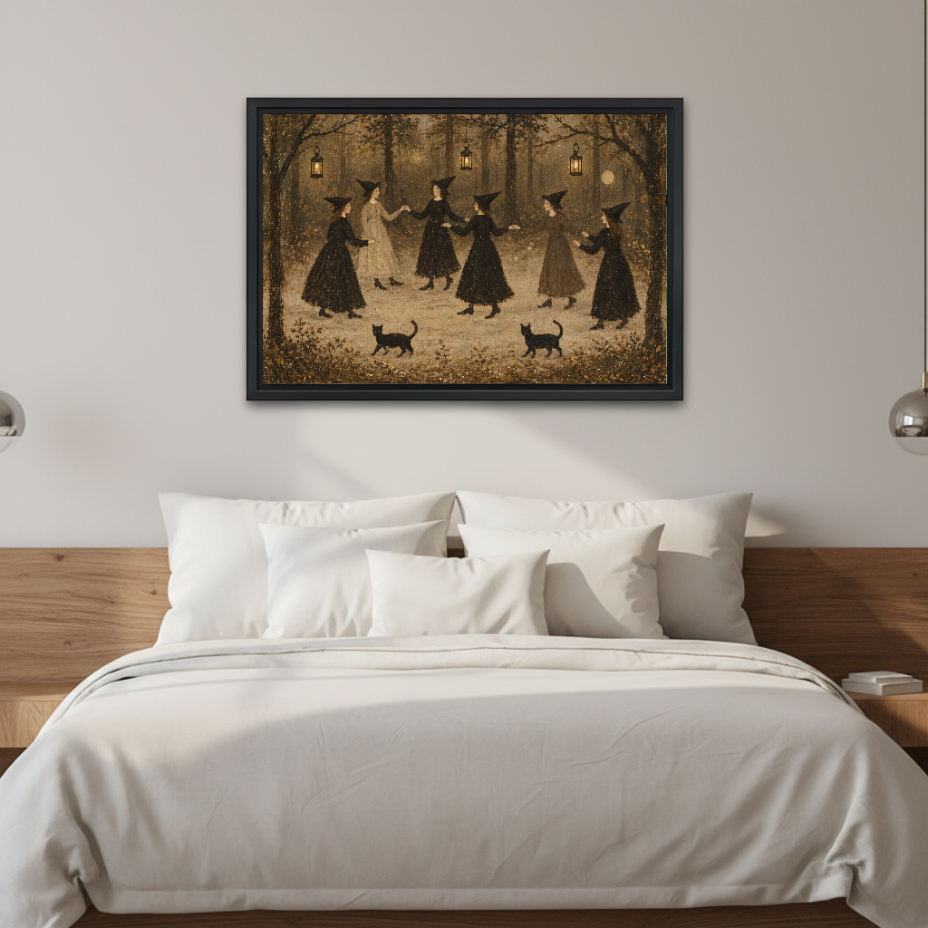 vintage dancing witches canvas wall art framed above a white bed against softly lit neutral walls.