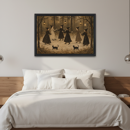 vintage dancing witches canvas wall art framed above a white bed against softly lit neutral walls.
