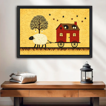 folk sheep house canvas wall art framed above a wooden table with lantern and folded blankets.
