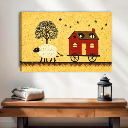 folk sheep house canvas wall art unframed above a wooden table with lantern and folded blankets.