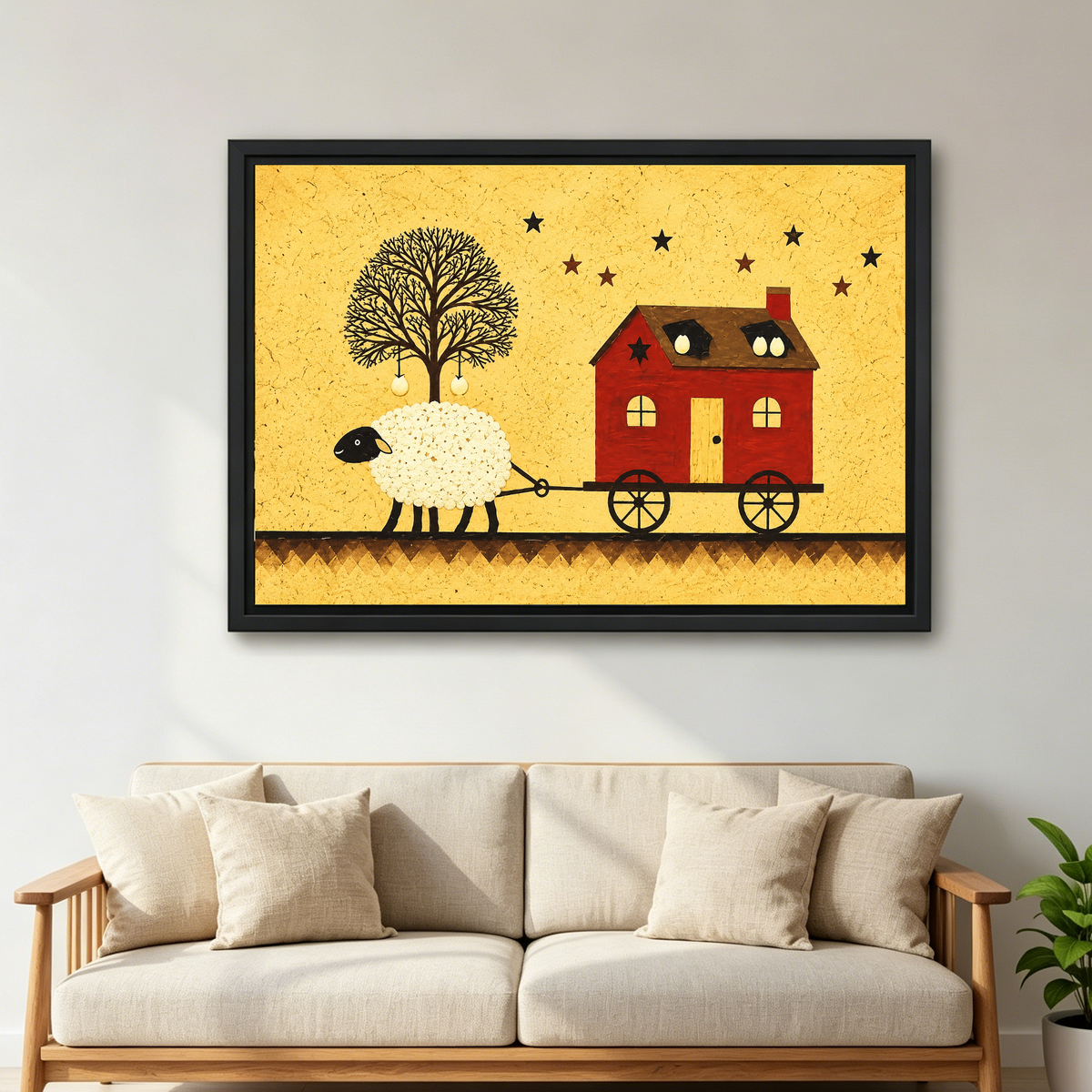 folk sheep house canvas wall art framed above a cream sofa with wooden arms and green plant.