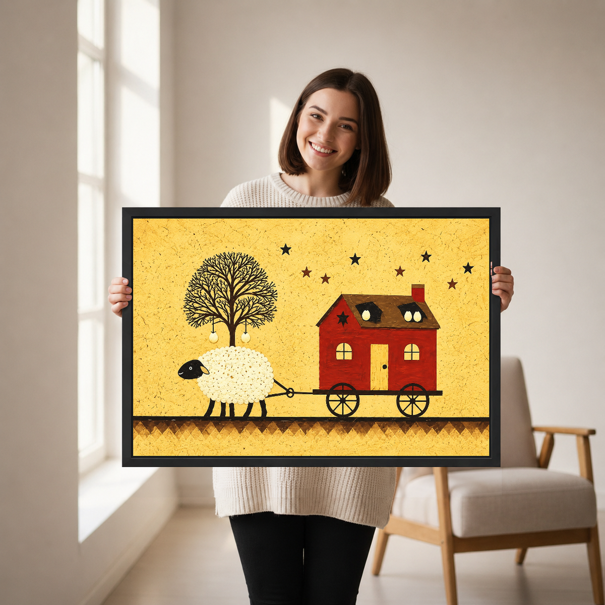 folk sheep house canvas wall art framed as a woman holds the artwork in a neutral room.