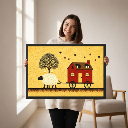folk sheep house canvas wall art framed as a woman holds the artwork in a neutral room.