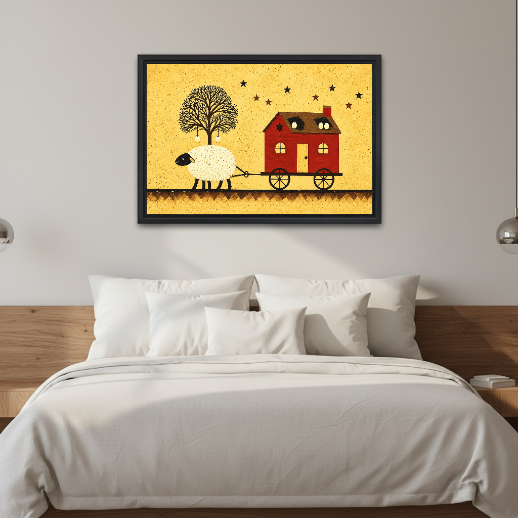 folk sheep house canvas wall art framed above a white bed against softly lit neutral walls.