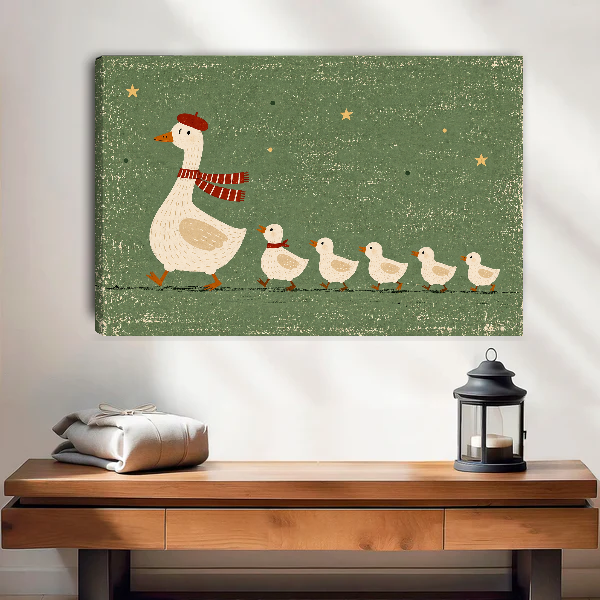 whimsical goose family canvas wall art unframed above a wooden table with lantern and folded blankets.