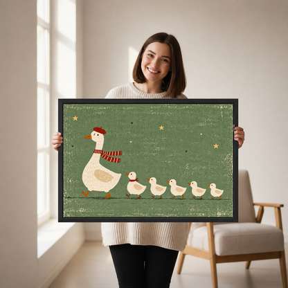 whimsical goose family canvas wall art framed as a woman holds the artwork in a neutral room.