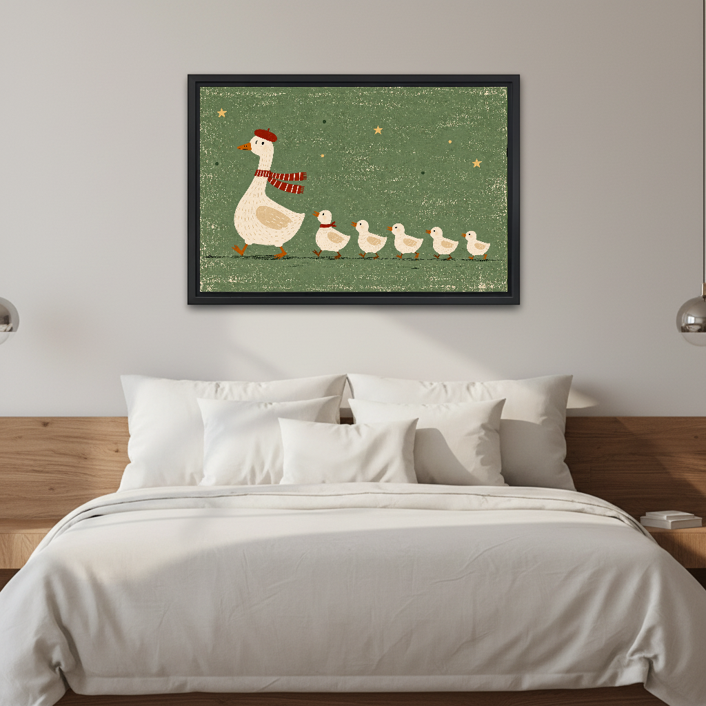 whimsical goose family canvas wall art framed above a white bed against softly lit neutral walls.