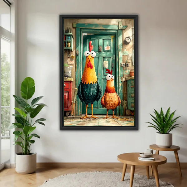 funny rooster pair canvas wall art framed above a wooden table beside green plants and stools.